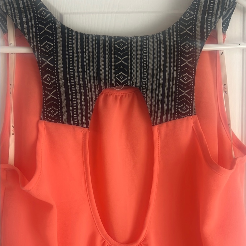 EM Coral Orange High-Low Tank Top | Striped Aztec Texture Straps | Size M - Picture 3 of 9